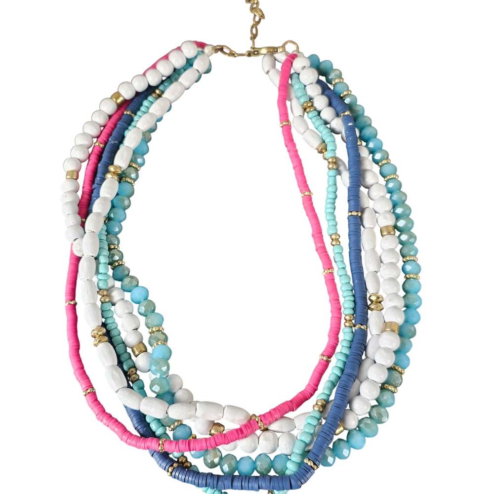 Multistrand Beaded Statement Necklace Turquoise Pink White Navy Gold Tone 18"